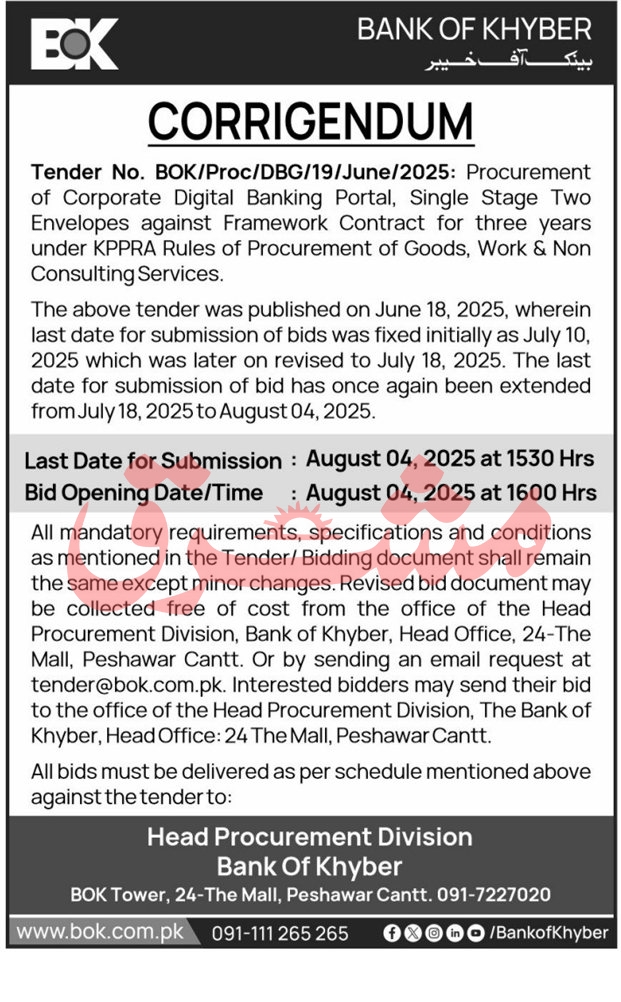 Bank of Khyber Peshawar Tender Notice
